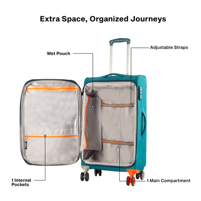 Open view of Timus Sportive light blue luggage showing spacious compartments and soft interior lining.
