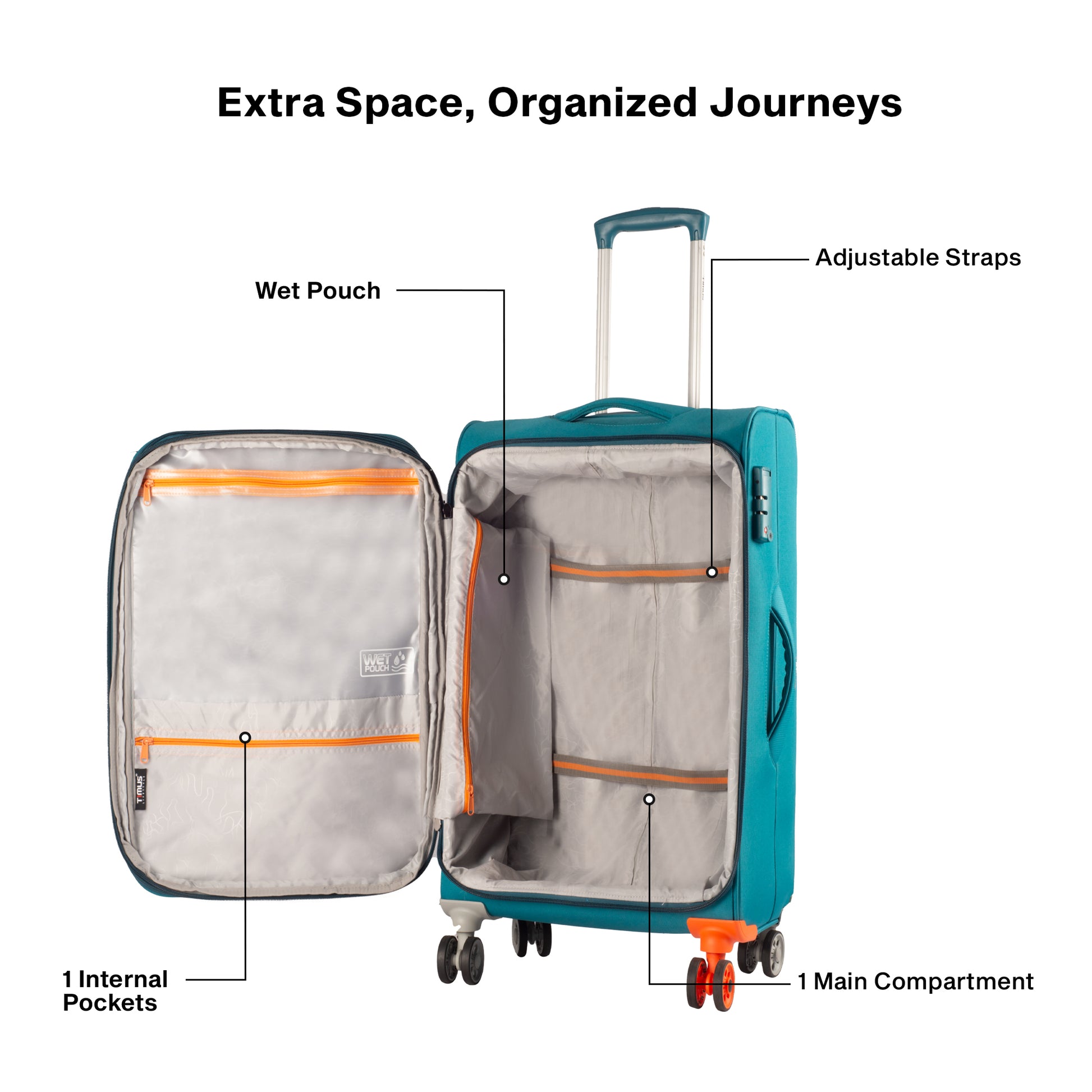 Open view of Timus Sportive light blue luggage showing spacious compartments and soft interior lining.