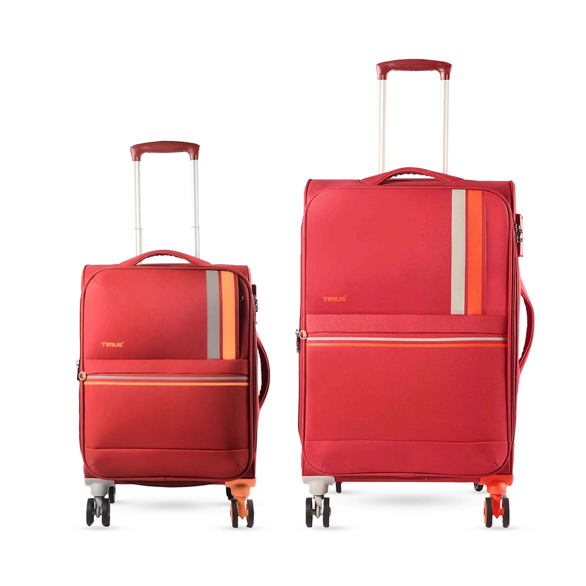 Combo image of Timus Sportive red 58 cm and 68 cm trolleys with matching design, spinner wheels, and expandable compartments.