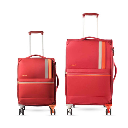 Combo image of Timus Sportive red 58 cm and 68 cm trolleys with matching design, spinner wheels, and expandable compartments.