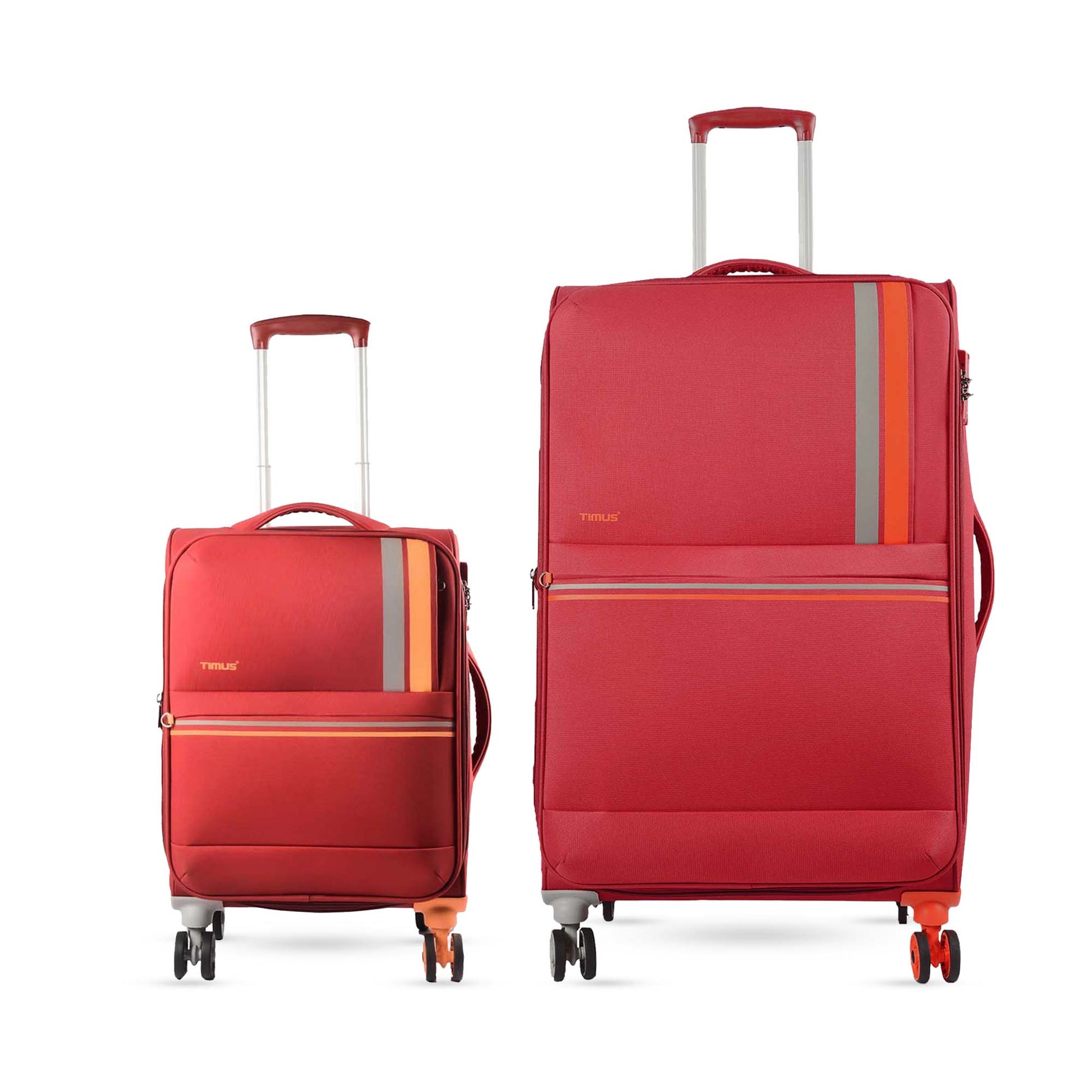 Combo image of Timus Sportive red 58 cm and 68 cm trolleys with matching design, spinner wheels, and expandable compartments.