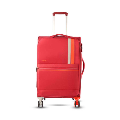Front angled view of Timus Sportive red 68 cm soft trolley luggage featuring expandable storage, sturdy handle, and smooth spinner wheels.
