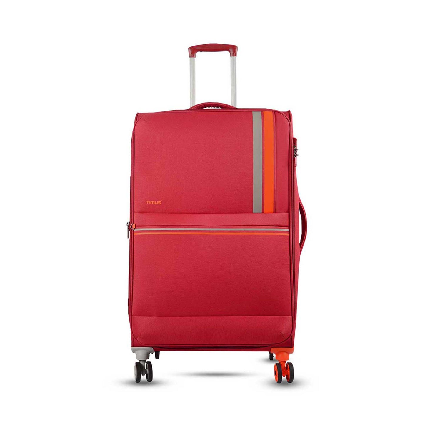 Front angled view of Timus Sportive red 78 cm soft trolley luggage with dual-tone wheels, stylish finish, and convenient side handle.