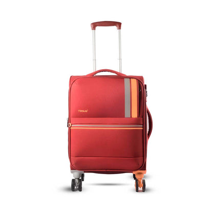 Front angled view of Timus Sportive red soft trolley luggage featuring expandable storage, sturdy handle, and smooth spinner wheels.