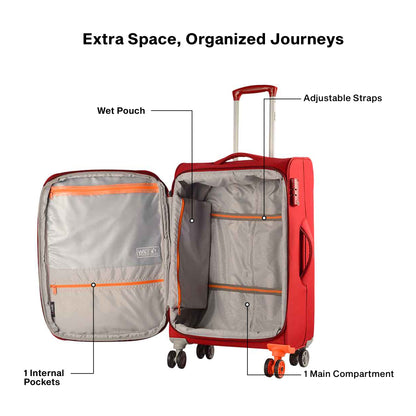 Open view of Timus Sportive red soft luggage showing organized compartments and fabric lining for easy packing.