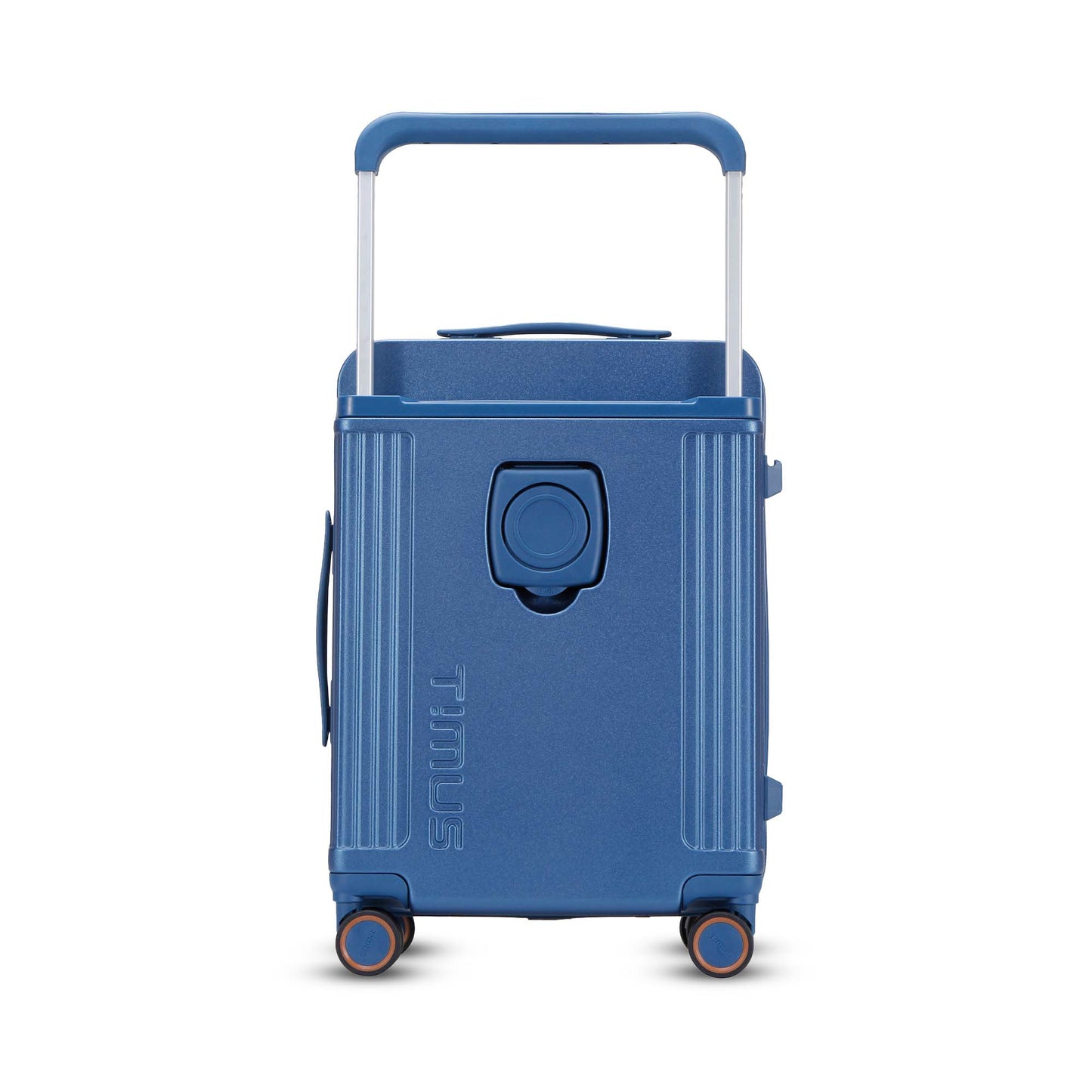 Backside view of Timus Starlite blue luggage displaying wide trolley handle and foldable bottle holder.