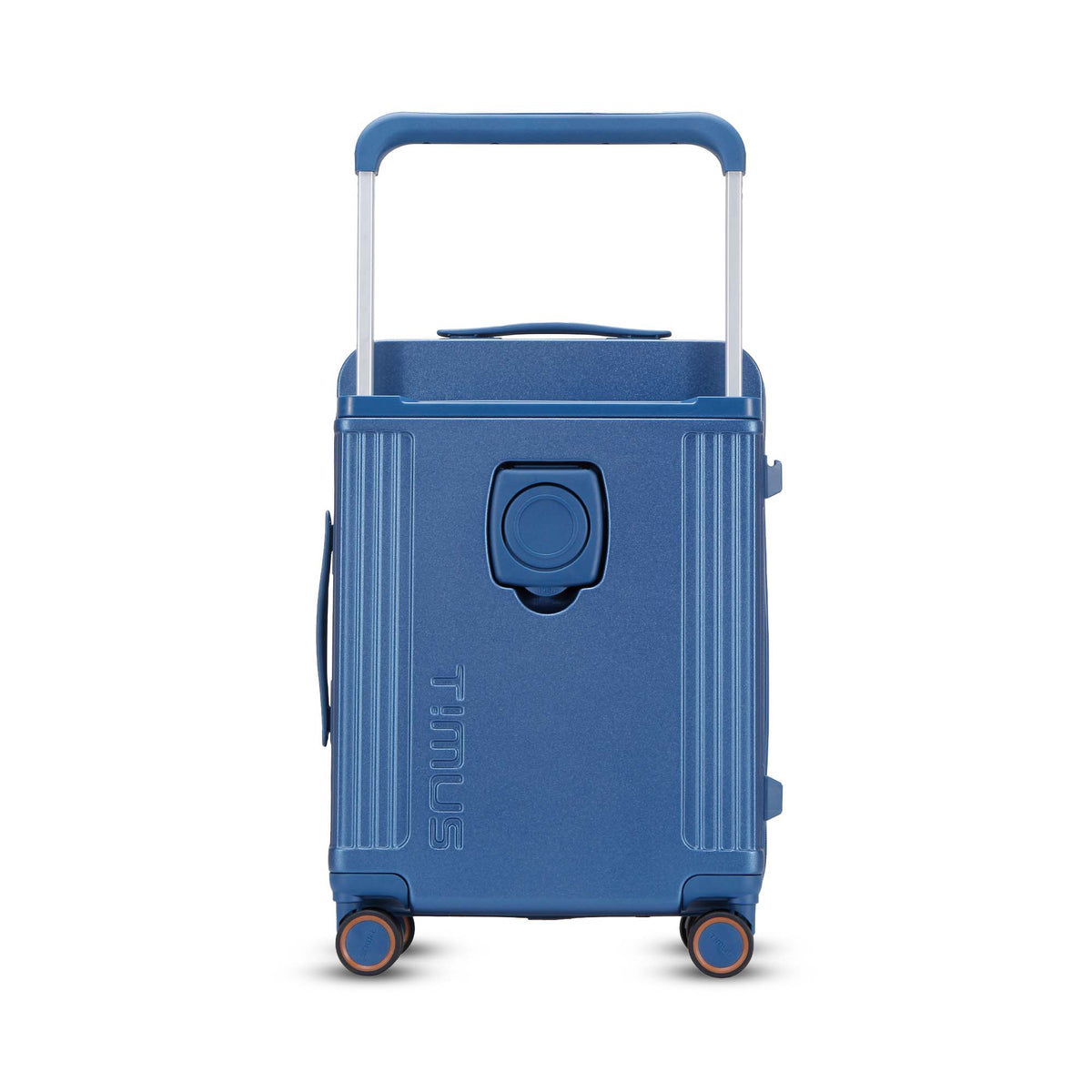Backside view of Timus Starlite blue luggage displaying wide trolley handle and foldable bottle holder.