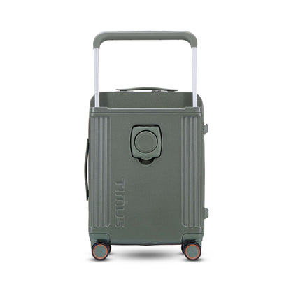 Backside view of Timus Starlite olive green luggage showing wide trolley handle, foldable bottle holder, and matte finish shell.