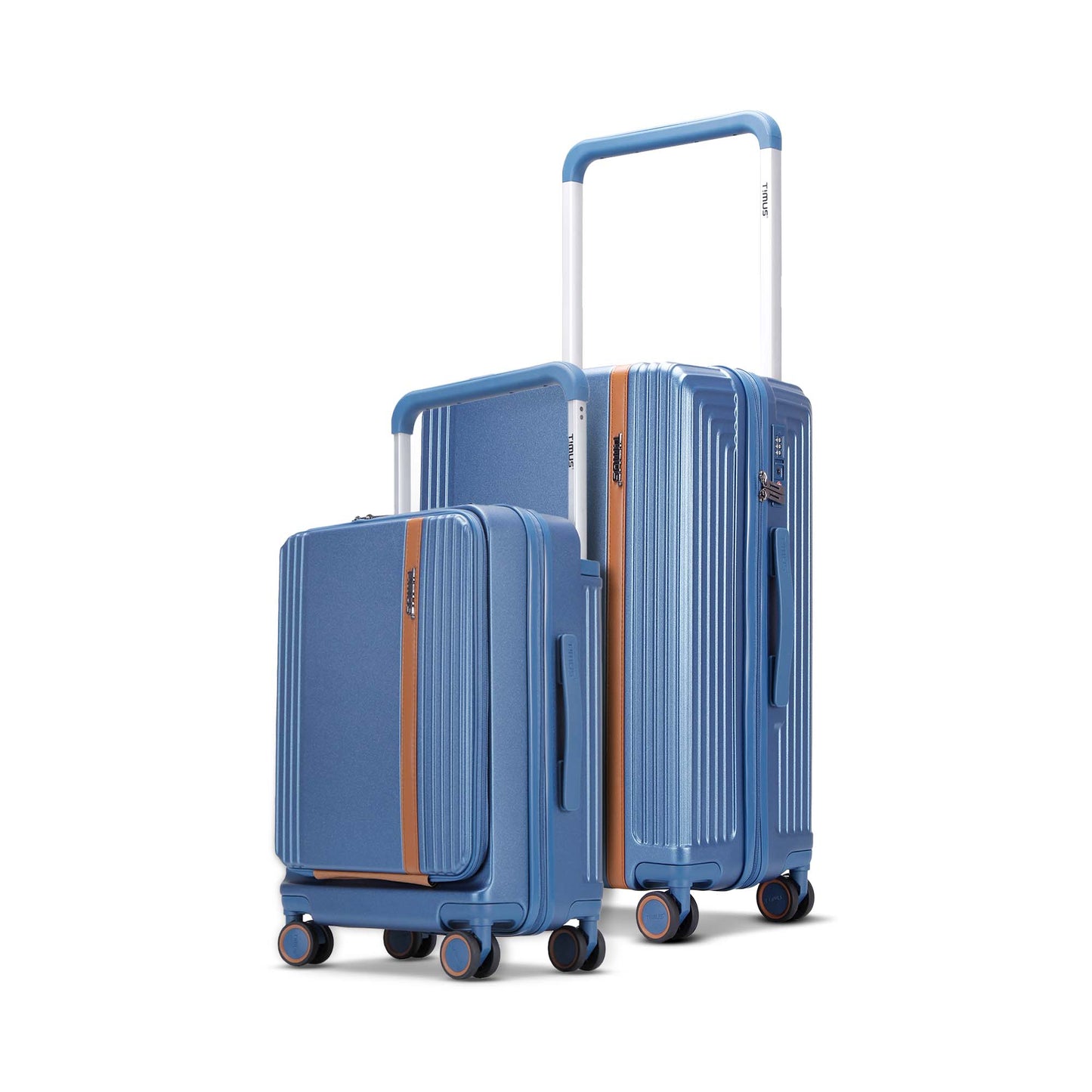 Timus Starlite blue hard luggage combo of 58cm cabin and 68cm medium check-in trolleys featuring dual-tone handle, spinner wheels, and elegant finish.