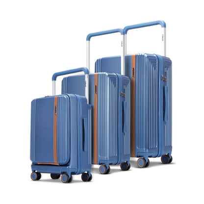 Complete Timus Starlite blue hard luggage trio in 58cm, 68cm, and 78cm sizes featuring dual spinner wheels, TSA-approved lock, and modern premium design.