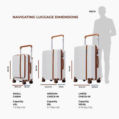 Timus Starlite ivory luggage dimension chart showing height, width, and capacity details for cabin, medium, and large sizes.