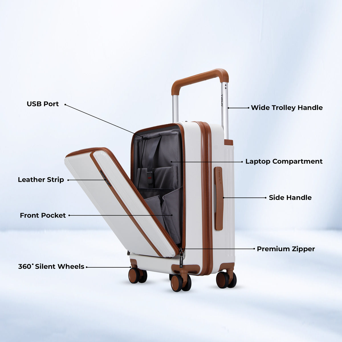 Timus Starlite ivory hard luggage graphic showing arrows pointing to highlighted key features and premium design details.