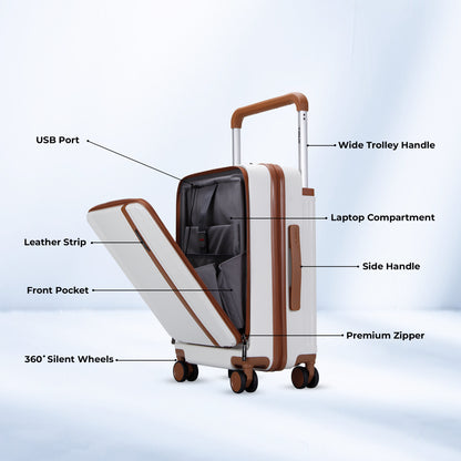 Timus Starlite ivory hard luggage graphic showing arrows pointing to highlighted key features and premium design details.