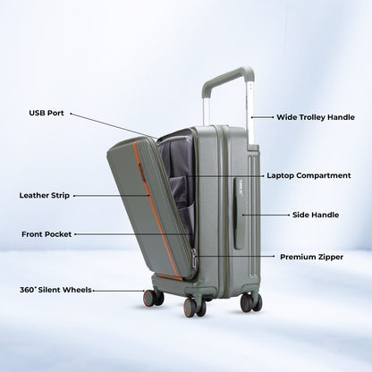 Timus Starlite olive green luggage graphic with arrows indicating key features and build quality.