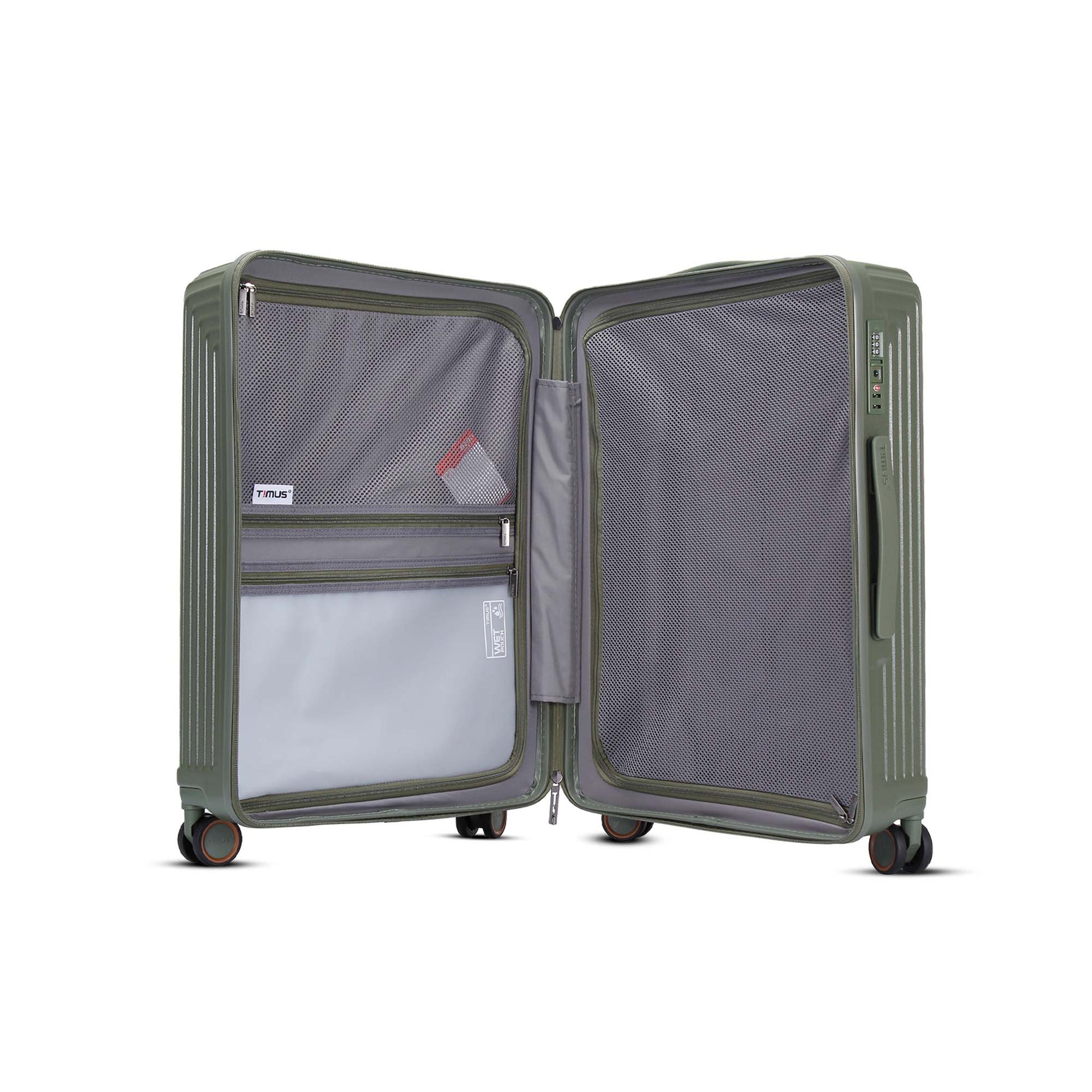 Front open view of Timus Starlite olive green luggage showing laptop compartment, tech sleeves, and organized interior.