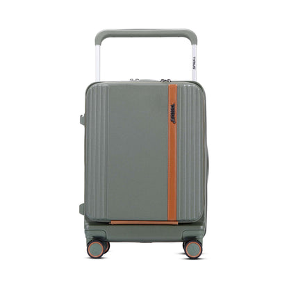 Front view of Timus Starlite olive green hard luggage with front laptop compartment and wide trolley handle.
