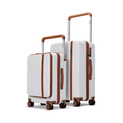 Timus Starlite ivory hard luggage combo of 58cm cabin and 68cm medium check-in trolley bags with dual-tone handles, TSA lock, and 360° spinner wheels.