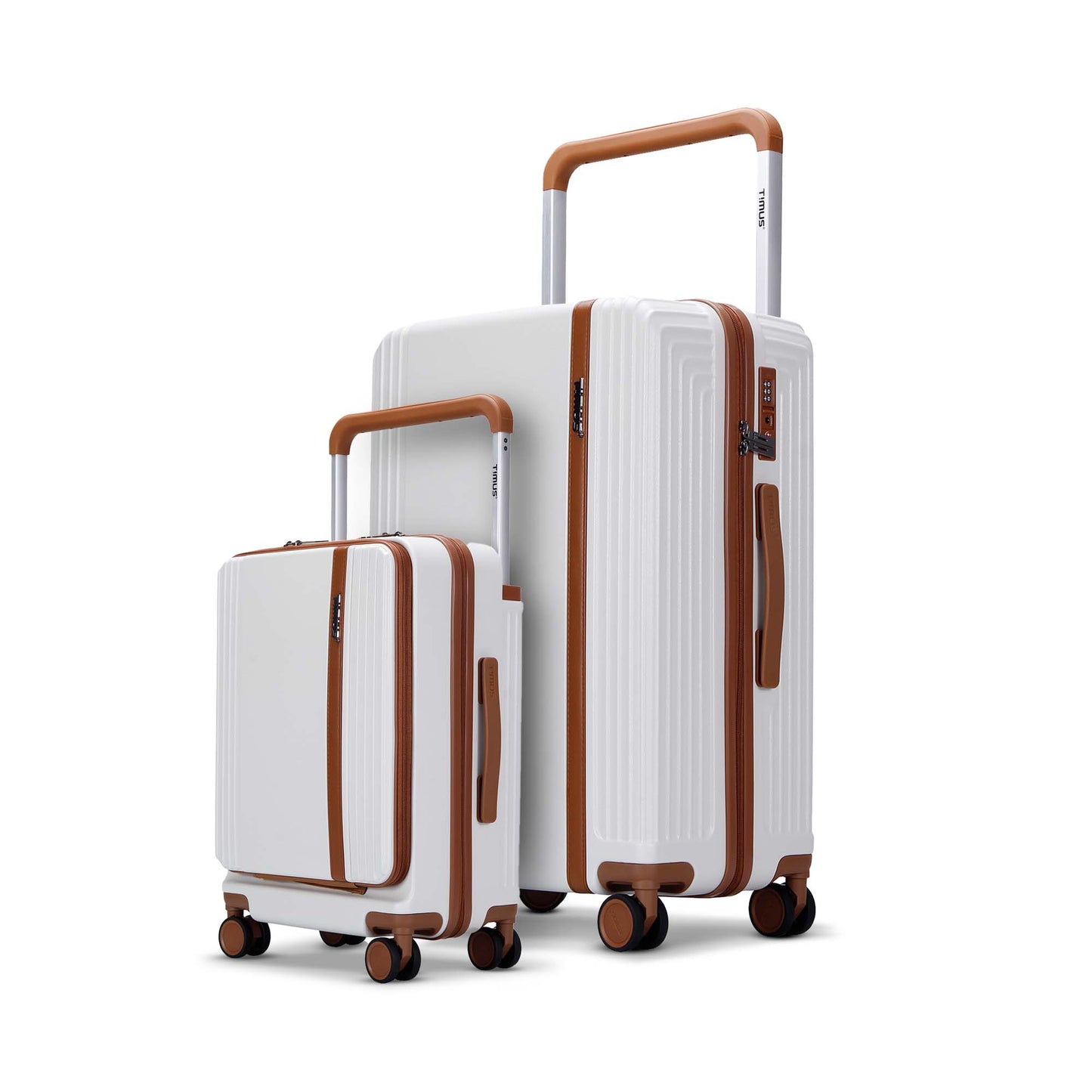 Timus Starlite ivory hard luggage set of 58cm cabin and 78cm large check-in trolleys featuring TSA lock, dual spinner wheels, and stylish brown accents.