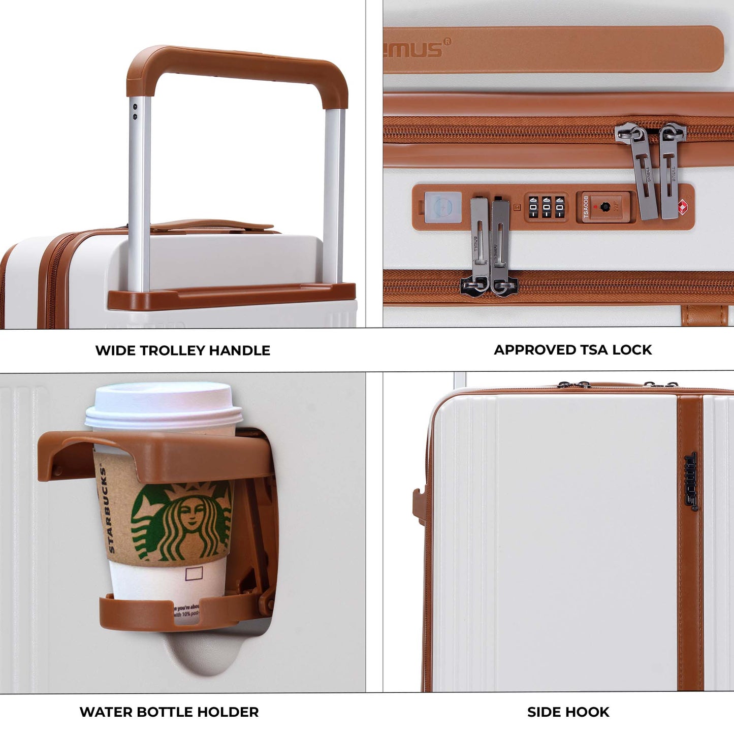 Timus Starlite ivory luggage infographic showing wide trolley handle, TSA-approved lock, foldable bottle holder, and side hook.