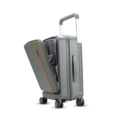 Man placing a laptop into the front compartment of Timus Starlite olive green trolley with padded sleeve and brown detailing.