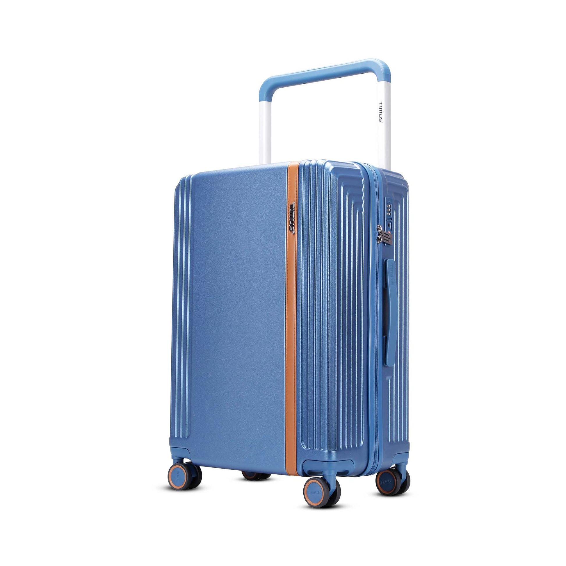 Left angled view of Timus Starlite blue hard luggage featuring brown telescopic handle, TSA lock, and smooth spinner wheels. 78 cm
