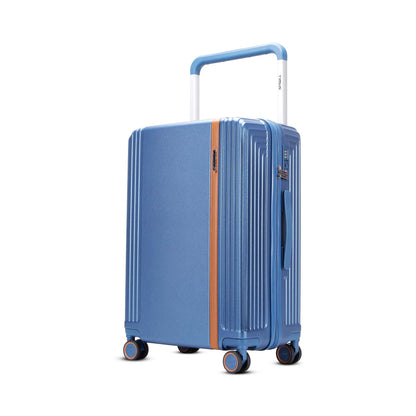 Left angled view of Timus Starlite blue hard luggage featuring brown telescopic handle, TSA lock, and smooth spinner wheels. 78 cm
