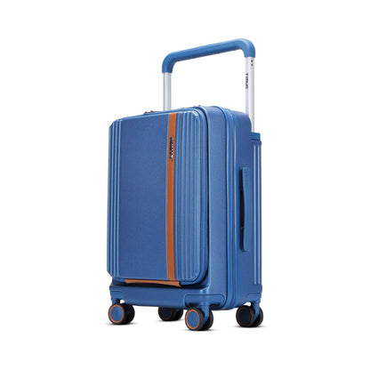 Left angled view of Timus Starlite blue hard luggage featuring brown telescopic handle, TSA lock, and smooth spinner wheels.