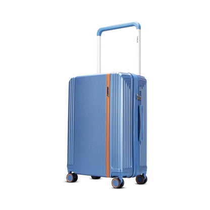 Left angled view of Timus Starlite blue 68 cm hard luggage featuring brown telescopic handle, TSA lock, and smooth spinner wheels.