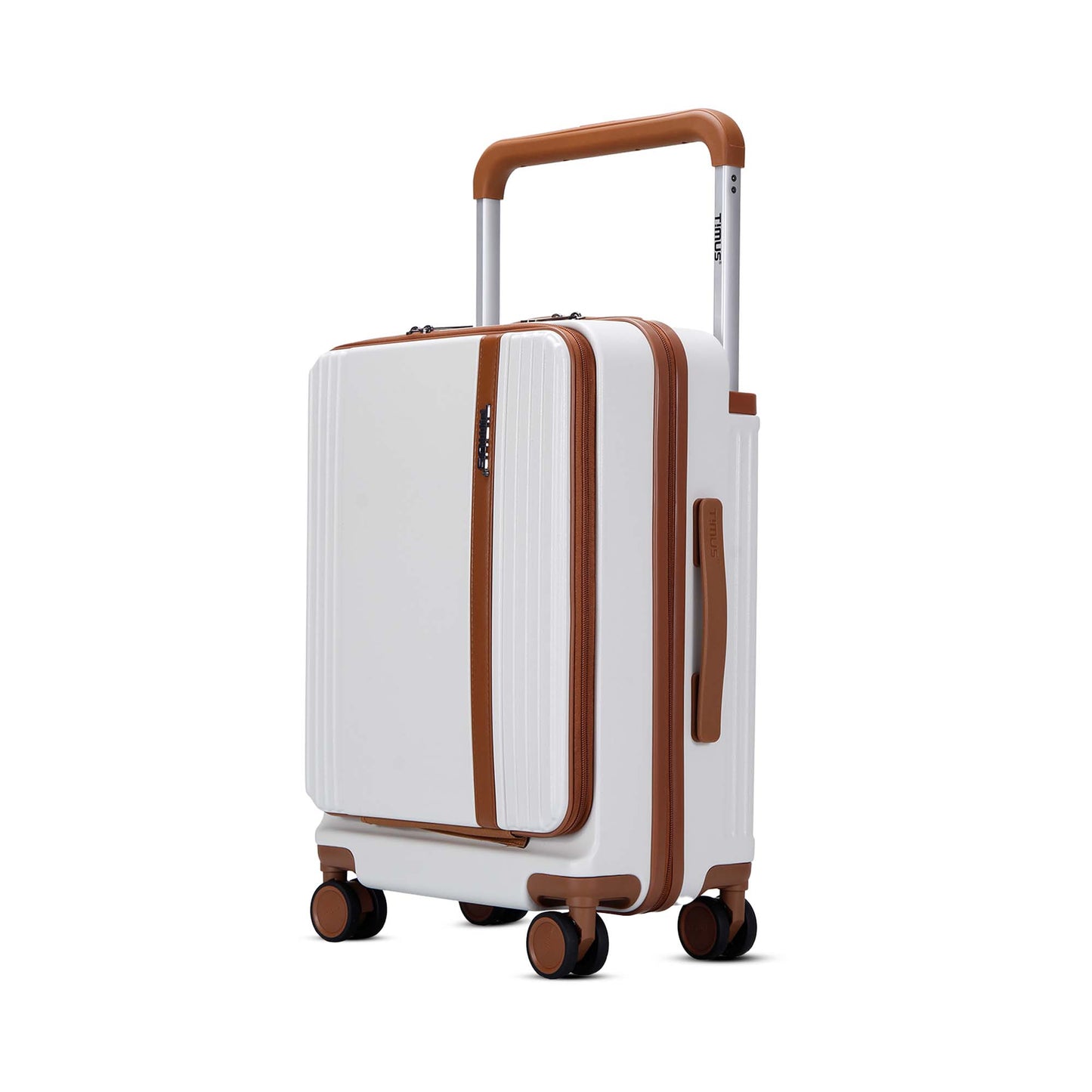 Left angled view of Timus Starlite ivory hard luggage with brown telescopic handle, TSA lock, and dual spinner wheels.