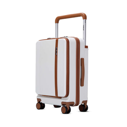 Left angled view of Timus Starlite ivory hard luggage with brown telescopic handle, TSA lock, and dual spinner wheels.