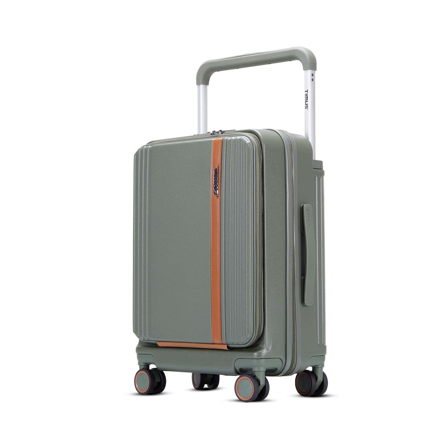 Left angled view of Timus Starlite olive green hard luggage featuring black telescopic handle, TSA lock, and 360-degree spinner wheels.