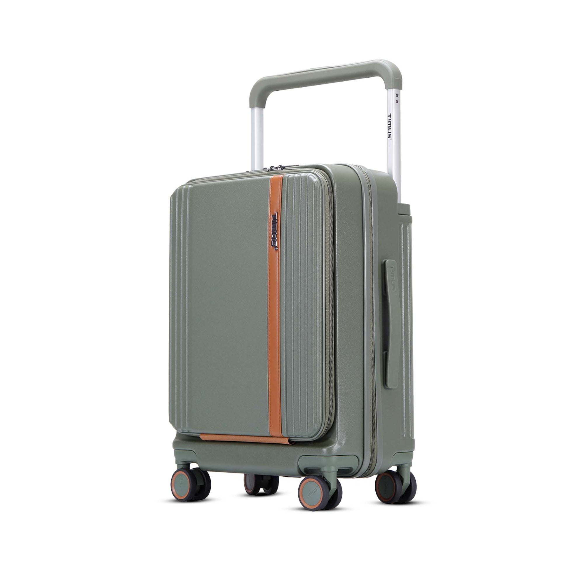 Left angled view of Timus Starlite olive green hard luggage featuring black telescopic handle, TSA lock, and 360-degree spinner wheels.