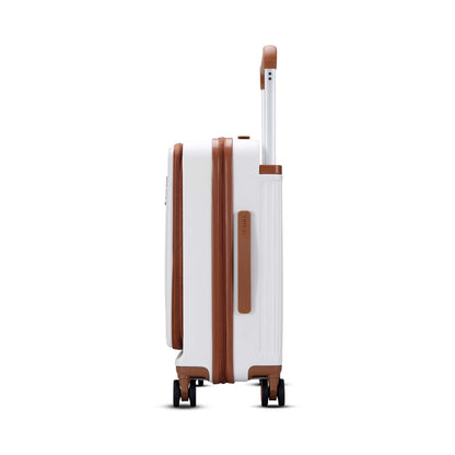 Left side profile of Timus Starlite ivory trolley bag highlighting sleek textured shell and premium handle.