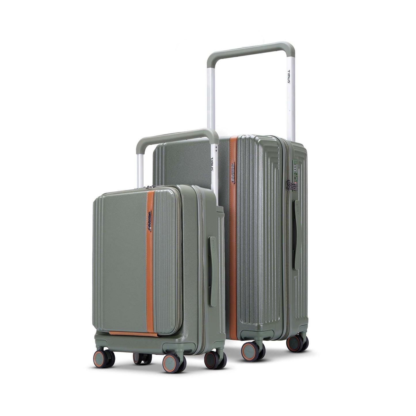 Timus Starlite olive green hard luggage combo of 58cm and 68cm trolleys with matte finish, dual spinner wheels, and tan detailing for a premium travel look.