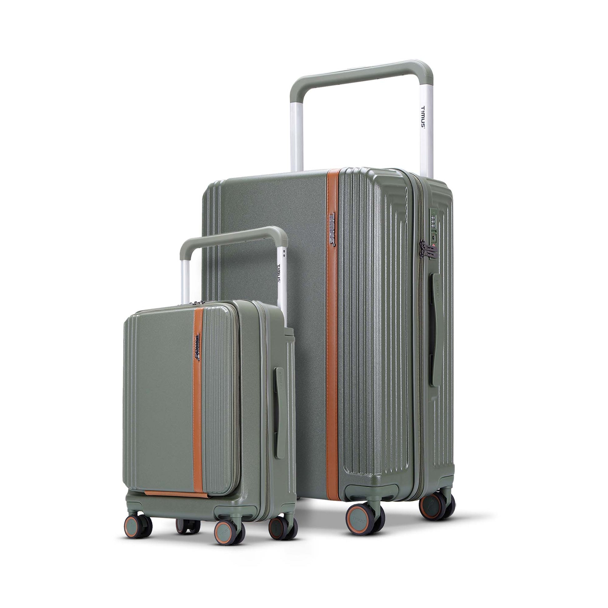 Timus Starlite olive green luggage set featuring 58cm cabin and 78cm large check-in trolleys with sturdy handles, TSA-approved lock, and stylish finish.