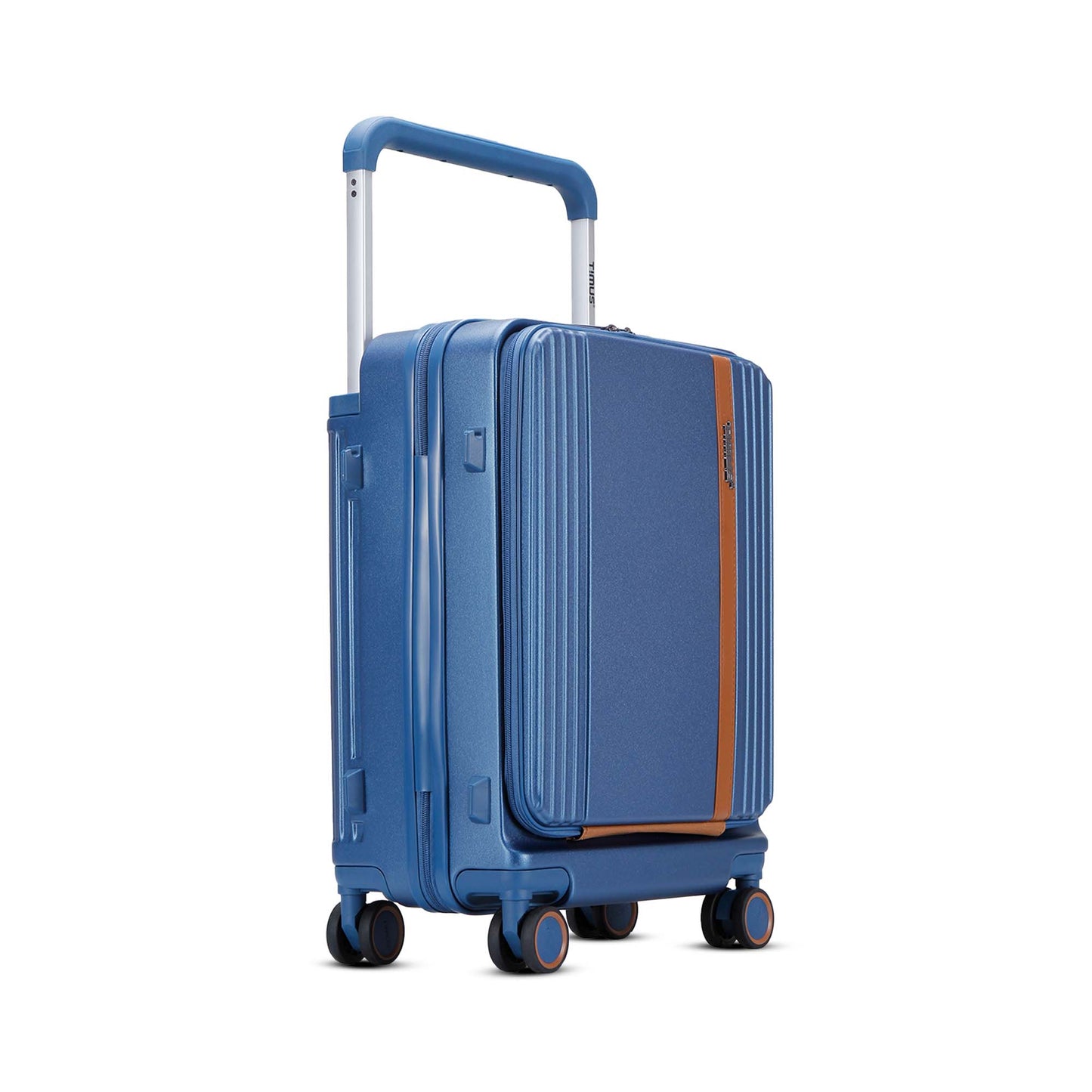Right-angled view of Timus Starlite blue cabin luggage featuring spinner wheels, laptop pocket, and elegant structure.