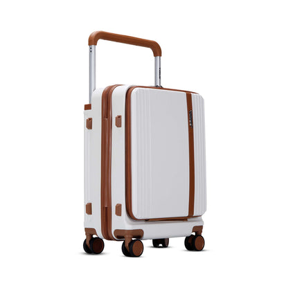 Right-angled view of Timus Starlite ivory cabin luggage with laptop compartment, dual spinner wheels, and side lugs.