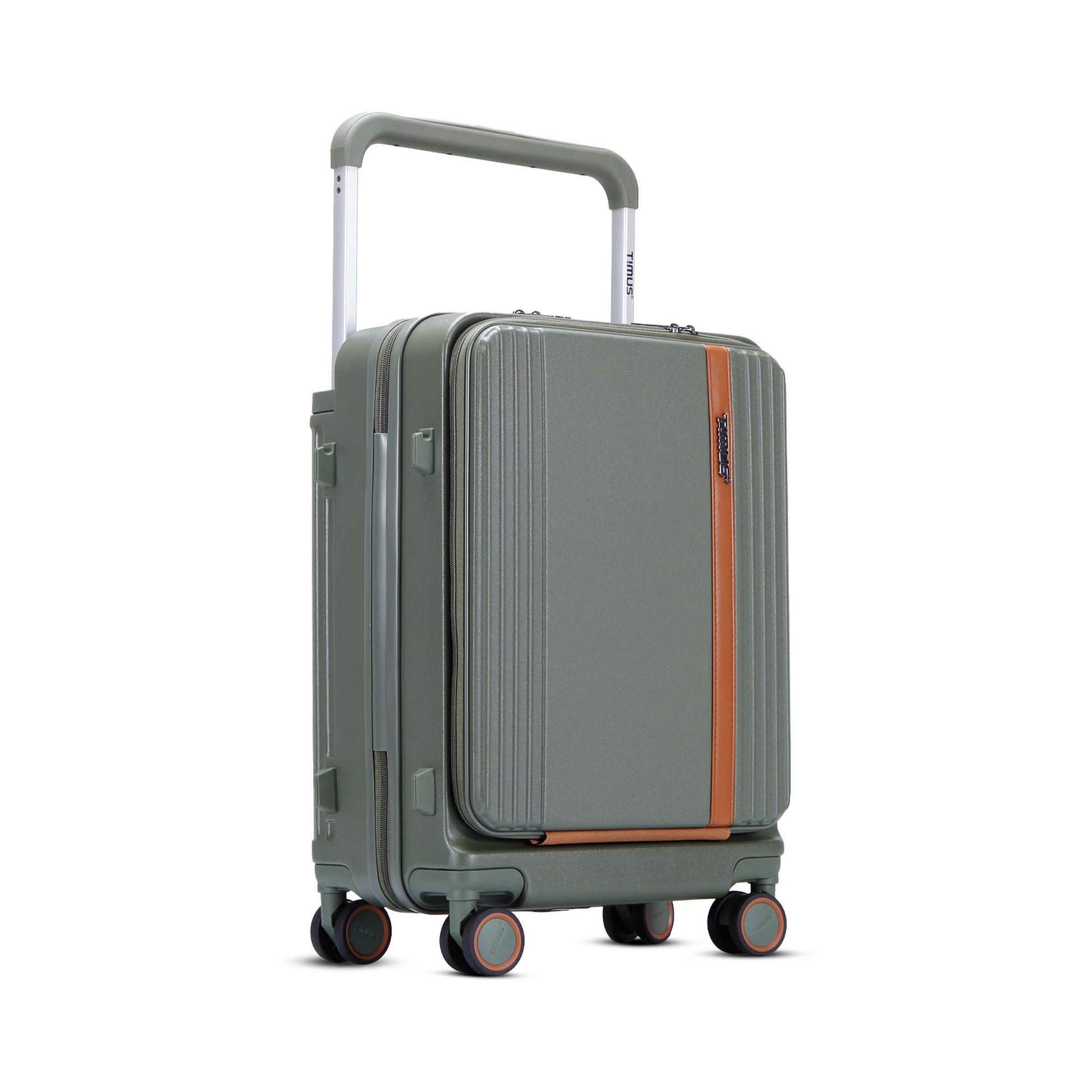 Right-angled view of Timus Starlite olive green cabin luggage highlighting spinner wheels, side lugs, and modern styling.