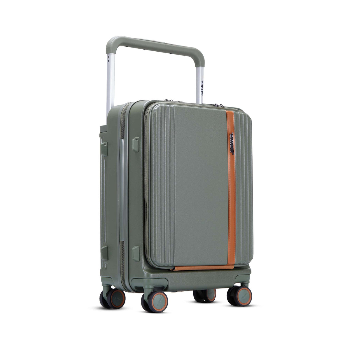 Right-angled view of Timus Starlite olive green cabin luggage highlighting spinner wheels, side lugs, and modern styling.