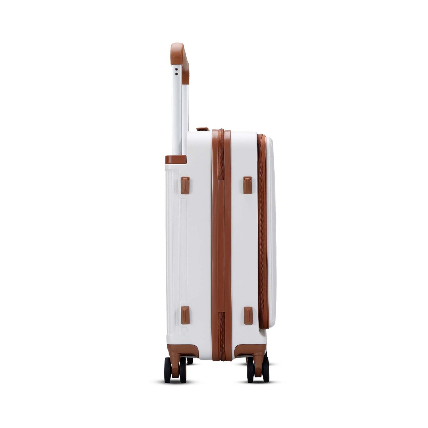 Right side view of Timus Starlite ivory luggage with protective lugs and 360-degree spinner wheels.