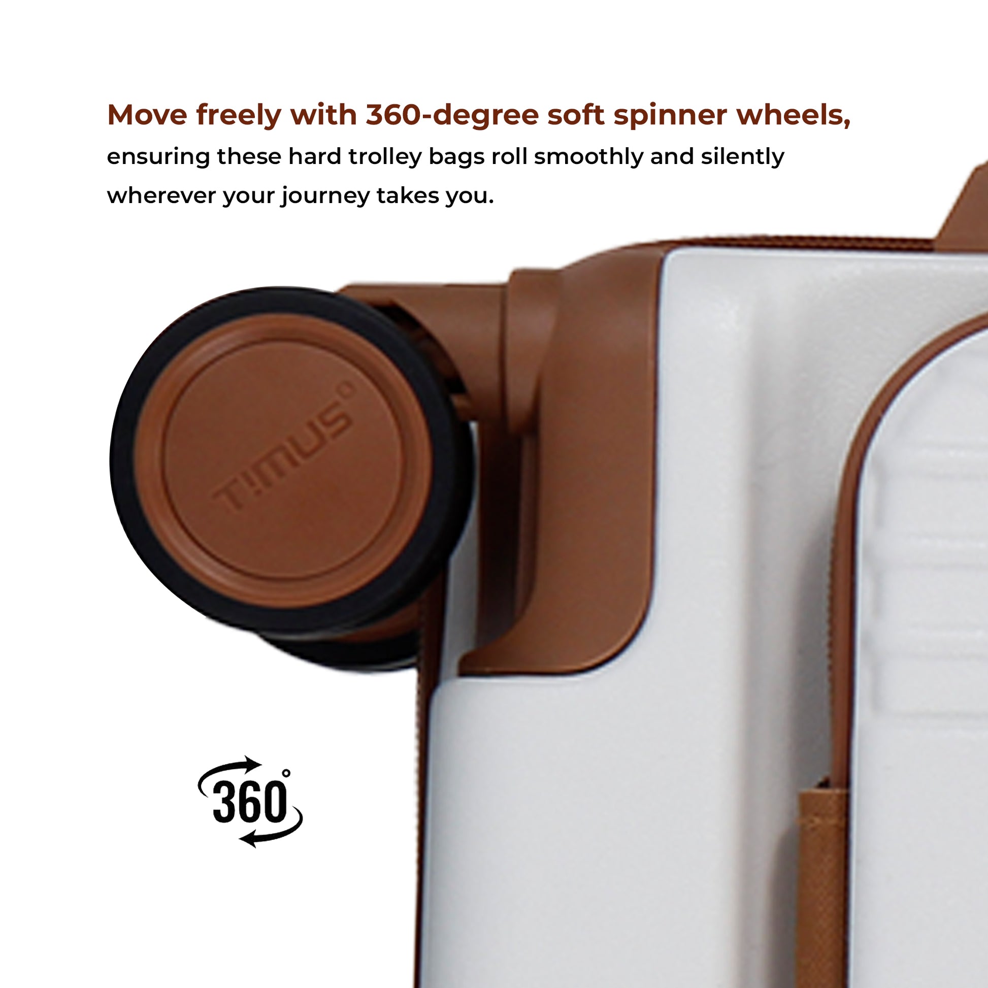 Close-up of Timus Starlite ivory luggage showing smooth 360-degree dual spinner wheel with brown detailing.