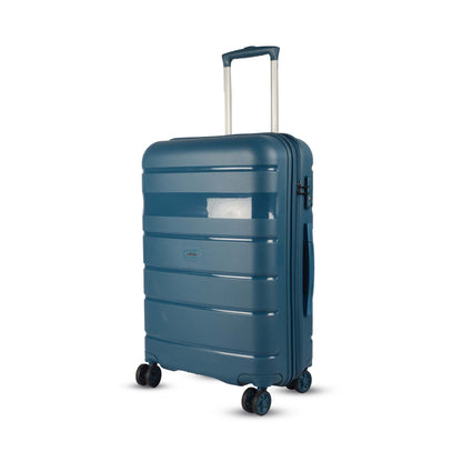 Angled left-side view of Timus Sunlite blue hard trolley bag featuring TSA-approved lock, durable hard shell, and 360° spinner wheels.