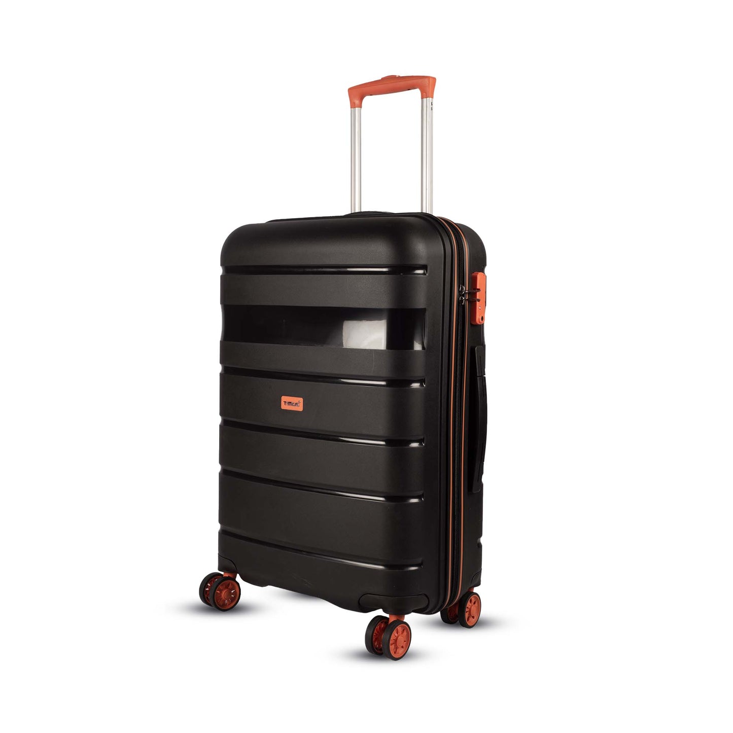 Angled left-side view of Timus Sunlite 68 cm orange-black dual-tone hard trolley bag featuring TSA-approved lock, durable shell, and spinner wheels.