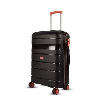 Angled left-side view of Timus Sunlite 68 cm orange-black dual-tone hard trolley bag featuring TSA-approved lock, durable shell, and spinner wheels.