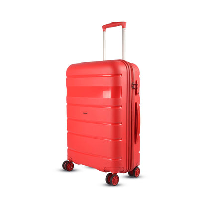 Angled left-side view of Timus Sunlite 68 cm red hard trolley bag featuring TSA-approved lock, scratch-resistant hard shell, and 360° spinner wheels.