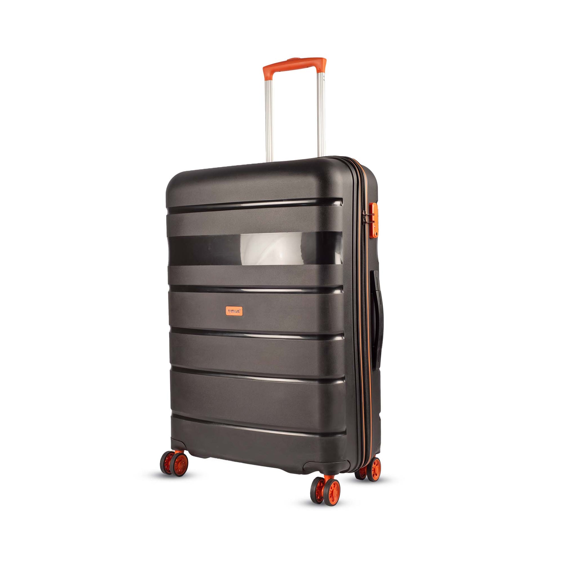 Angled left-side view of Timus Sunlite  78 cm orange-black dual-tone hard trolley bag featuring TSA-approved lock, durable shell, and spinner wheels.