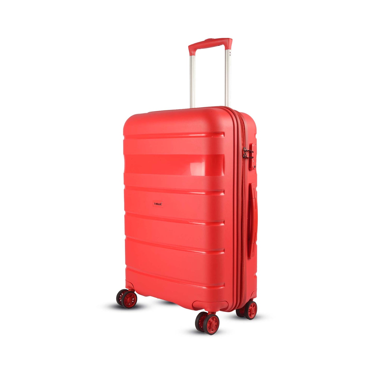 Angled left-side view of Timus Sunlite  78 cm red hard trolley bag featuring TSA-approved lock, scratch-resistant hard shell, and 360° spinner wheels.