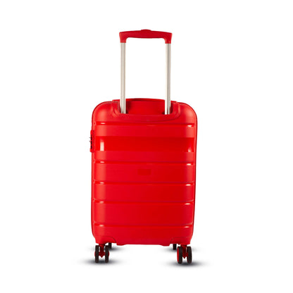 Back view of Timus Sunlite red trolley bag showing glossy finish, extended telescopic handle, and dual spinner wheels.