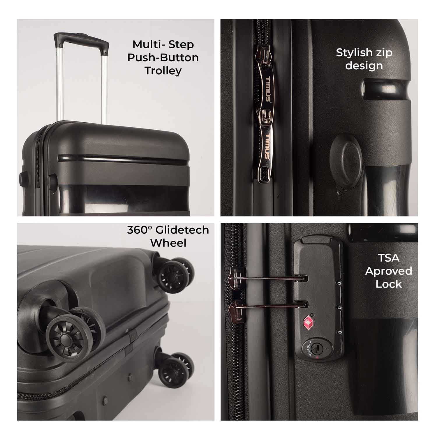 Sunlite black hard luggage collage highlighting four key features — a multi-step push button trolley handle, stylish zipper detailing, 360-degree GlideTech wheels for smooth mobility, and a TSA-approved lock for secure international travel.