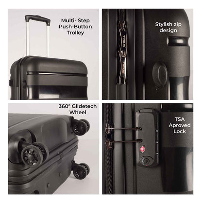 Sunlite black hard luggage collage highlighting four key features — a multi-step push button trolley handle, stylish zipper detailing, 360-degree GlideTech wheels for smooth mobility, and a TSA-approved lock for secure international travel.